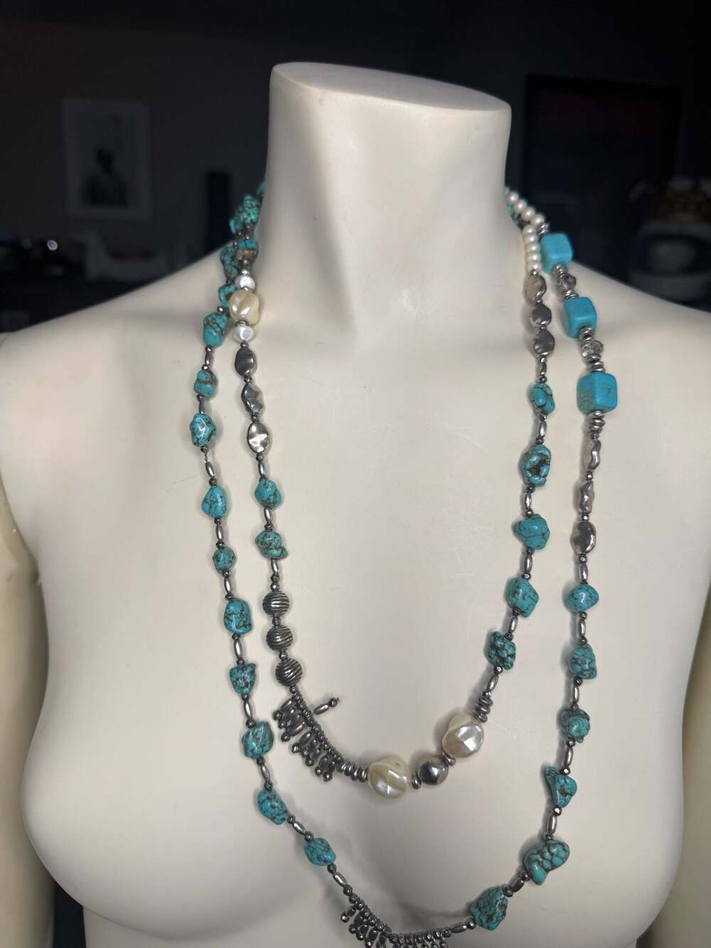 56 inch Turquoise Sterling Silver Long Necklace